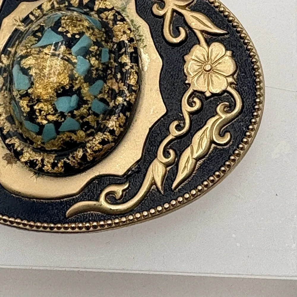 Turquoise Gold Flake Belt Buckle Glass Dome Gold Tone Black Western Floral